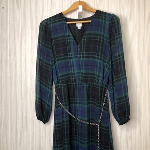 A New Day Long Sleeve Flowly Dress Size Medium Tartan Plaid Pattern Chain Belt